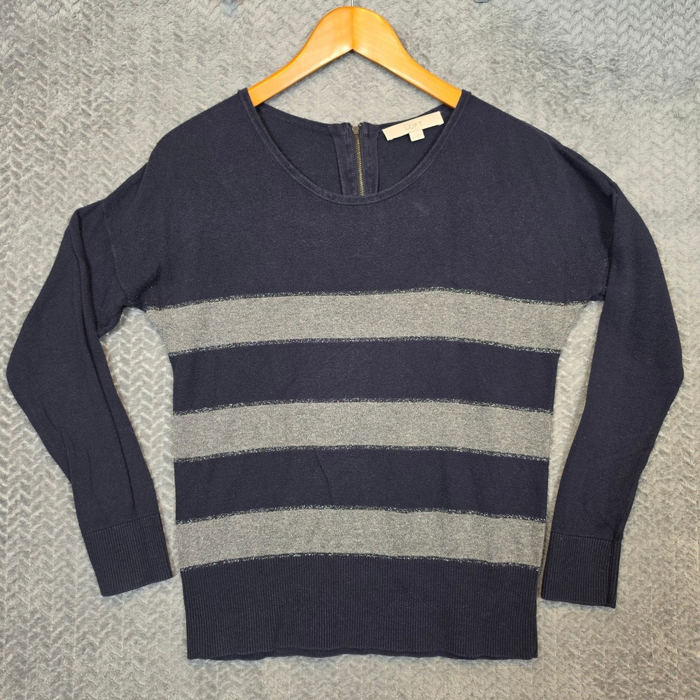 Loft Ann Taylor Navy Grey Striped Metallic Zip Back Sweater Womens Medium